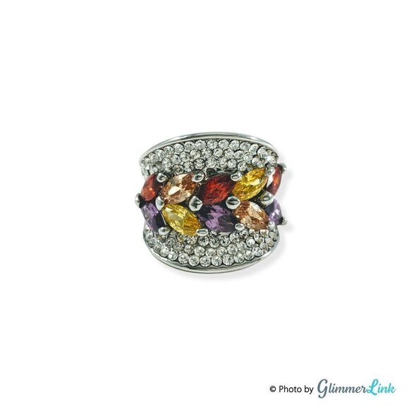 Wide Multi Color Crystals Silver Tone Concave Statement Ring - Picture 5 of 13